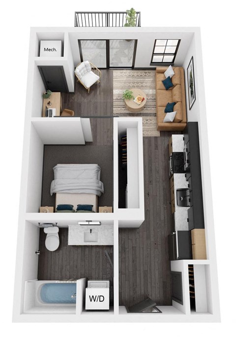 Floor plan for 1 bed, 1 bath, 578 sqft
